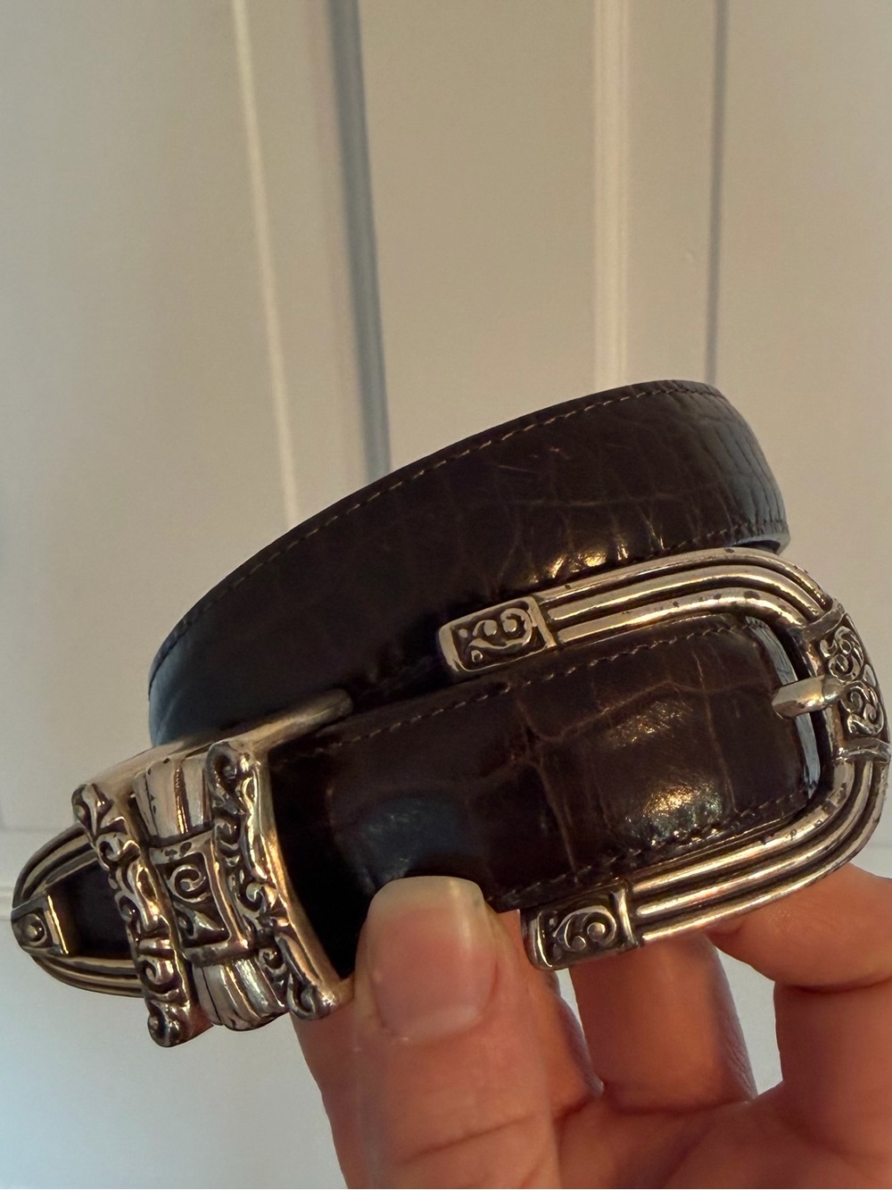 Brighton Brown Croc Embossed Leather Belt Ornate Silver Buckle Size 32